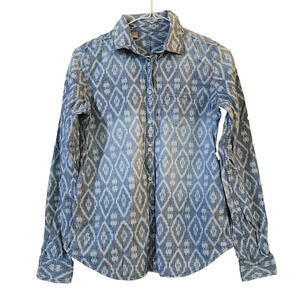 JCP JcPenny Womens Denim Top Size S Blue Diamond Argyle Long Sleeve Button Down